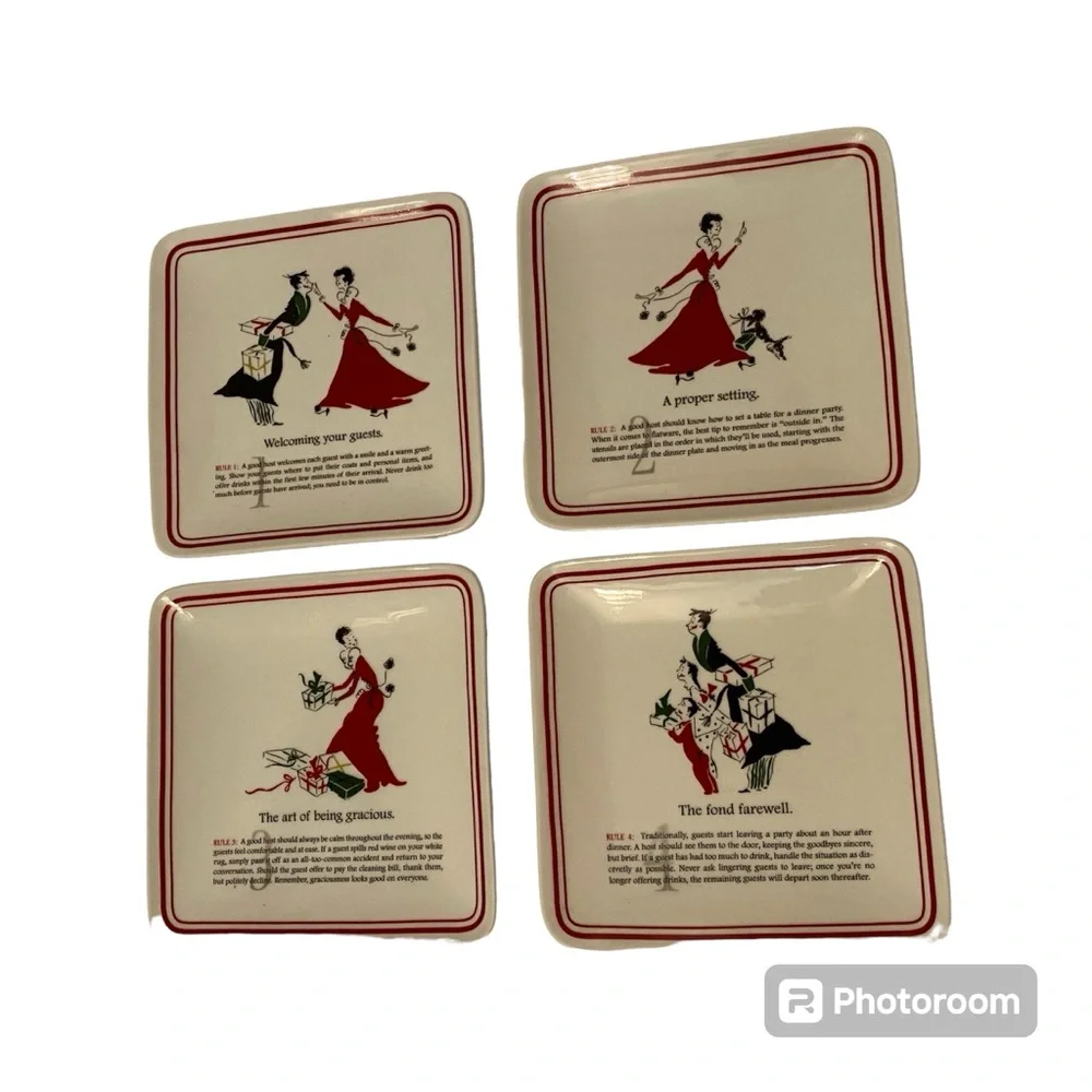 WILLIAMS-SONOMA PARTY ETIQUETTE PLATES SET OF 4 CANAPÉ APPETIZER WHITE RED HOME